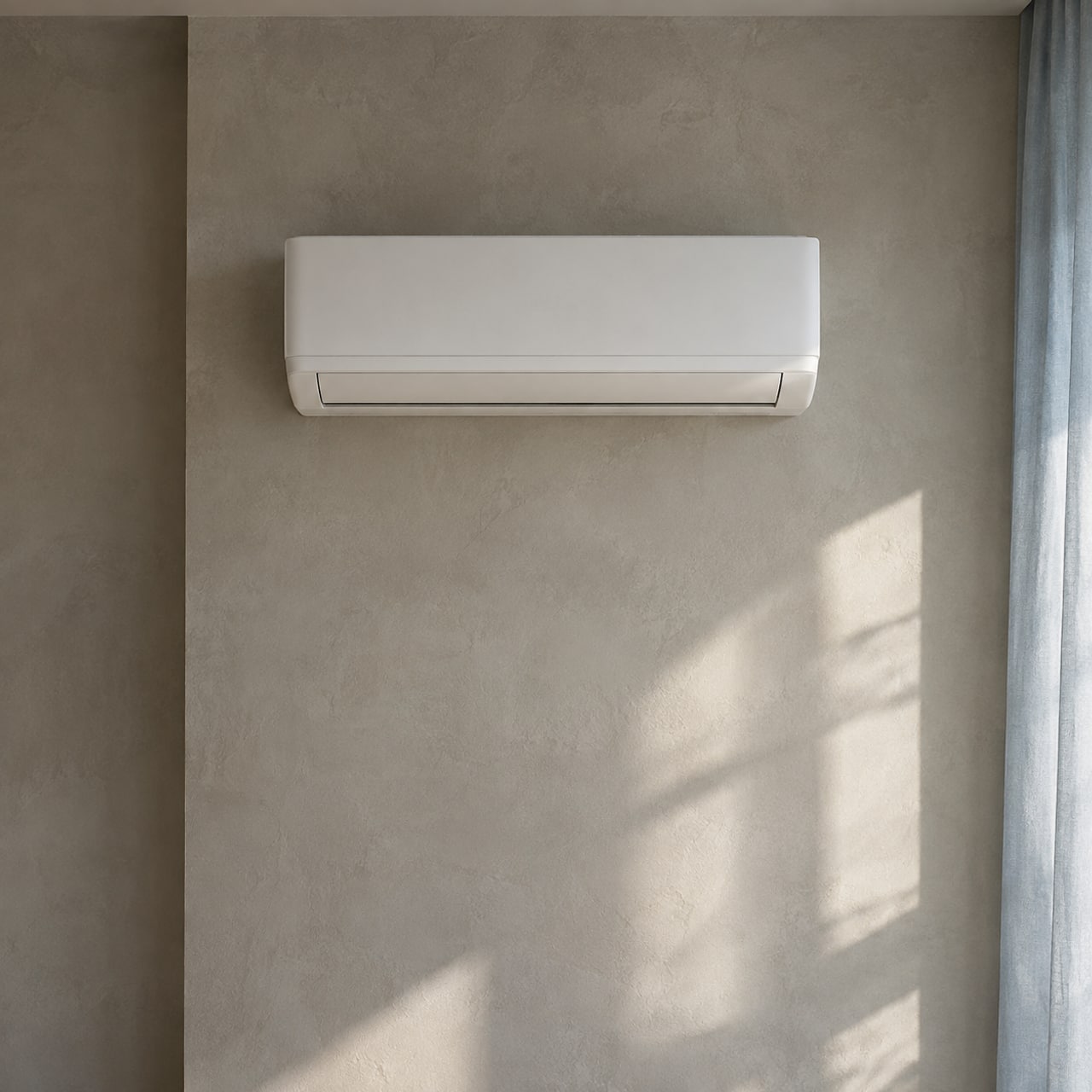 Imagem ilustrativa: Ar condicionado branco em ambiente mineral de luz suave